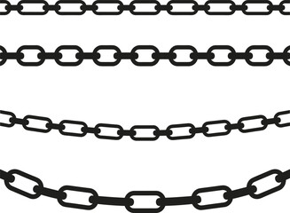 Metal chain silhouette set, linked steel segments isolated on white background minimalist black vector illustration for industrial design