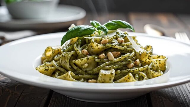 Pasta with pesto sauce, basil, pine nuts on wooden table
