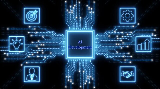 AI Development concept with glowing circuit board and icons