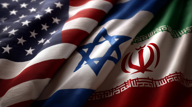 three flags waving together: usa israel iran flag