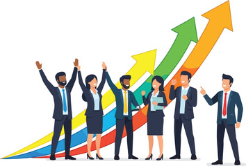Fototapeta premium Successful business team celebrates achievement and upward growth with.