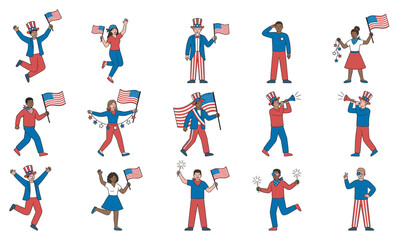 Fototapeta premium Diverse people celebrating American holidays with flags and sparklers, expressing patriotism and national pride in various joyful poses.