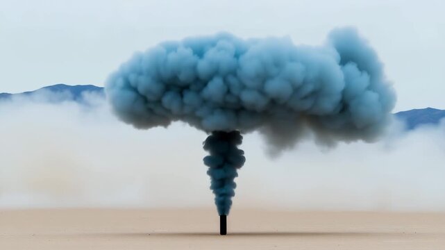 A tall blue smoke plume ascends dramatically from a cylindrical source in a barren desert area, showcasing an experimental demonstration at a testing site during clear weather.