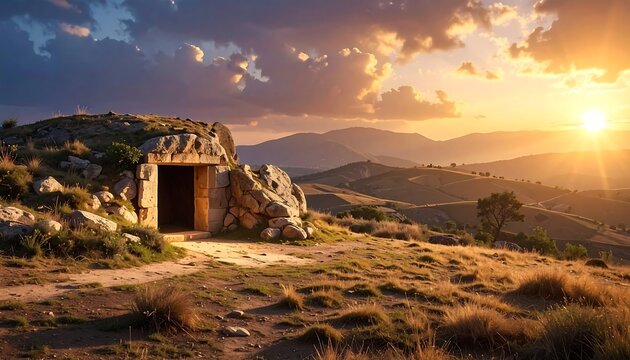 Ancient stone doorway on a hill, bright golden sun and rolling hills in the background