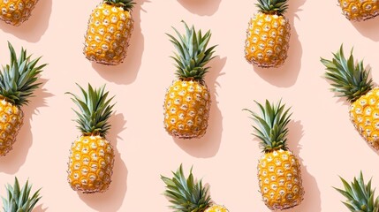 Fototapeta premium Colorful fresh pineapples with green leaves arranged on pink background. Food photography
