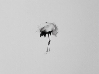 Fototapeta premium Black and white minimalist painting of a crane with head tucked down. Simple elegance