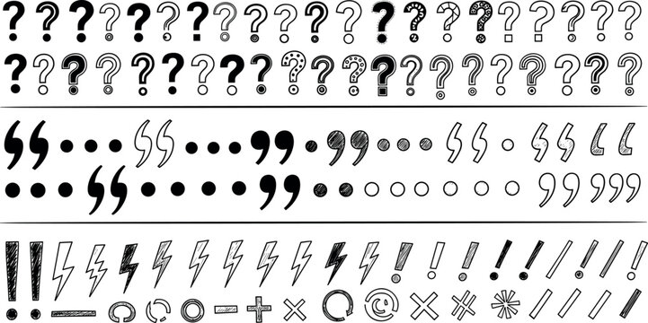 Hand Drawn Punctuation and Symbol Icon Set with Question Marks Exclamation Points Quotes and Decorative Typographic Elements for Comics Posters and Creative Designs