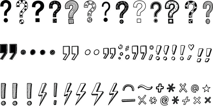 Hand Drawn Punctuation Icon Set with Question Marks Exclamation Symbols and Decorative Typographic Elements for Comics Posters and Creative Graphic Designs