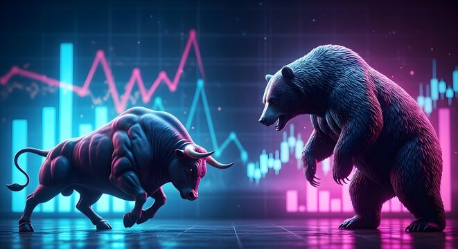 A symbolic representation of market volatility with a bull and bear in a neon lit environment with stock charts