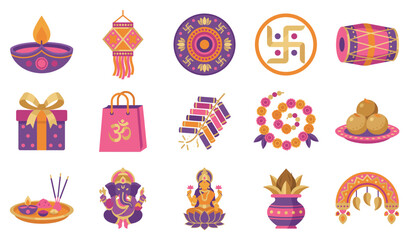 Fototapeta premium Diwali festival traditional religious celebration elements collection featuring lamps, sweets, deities, and decorative items in vibrant colors.