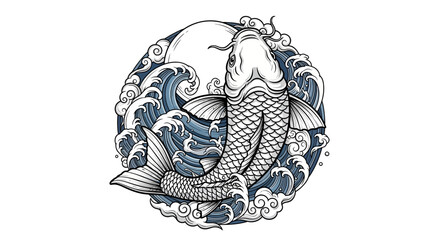 Koi fish swimming in a circular wave pattern with a full moon. © faizz