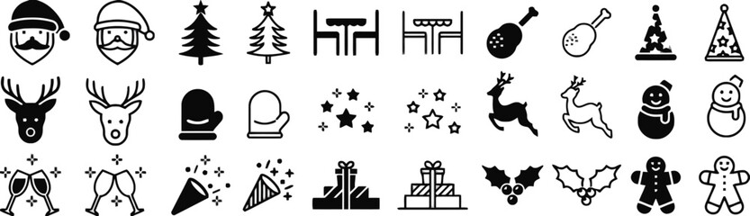 Christmas icons collection including santa reindeer snowman gifts and festive elements in black and white © NoorNiqabiQueen