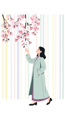Obraz premium Serene Woman Enjoys Blooming Cherry Blossoms During Springtime Walk