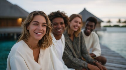 Friends laughing on a wooden pier over crystal clear water at a tropical island resort at sunset, perfect for group vacation lifestyle, friendship travel, tropical holiday, island destination,