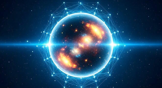 Vibrant cosmic energy orb with glowing blue aura and celestial background