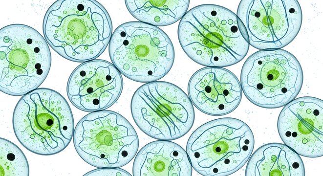 Microscopic view of multiple eukaryotic cells with green chloroplasts and black dots