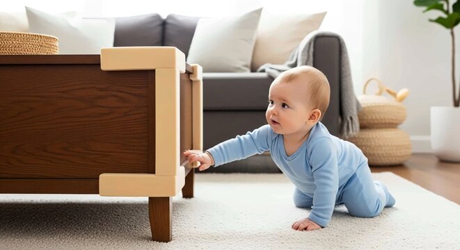 Baby crawling to a child proofed coffee table in living room