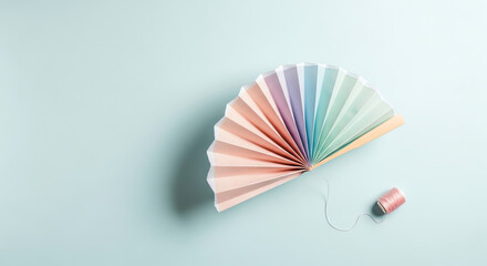 Colorful paper fan with spool of thread on pastel blue background  