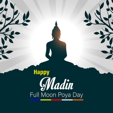 Medin poya day wishes Happy Full Moon Poya Day Vector with Buddha Silhouette, Sacred Bodhi Tree Branches, and Radiant Aura for Buddhist Celebration