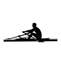 Silhouette of a lone rower gliding a boat on calm water during training. © pixmastock