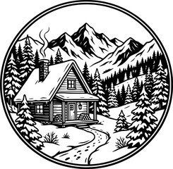 Naklejka premium Cozy Mountain Cabin in Winter Forest Vector, Black and White Slow Travel Design 