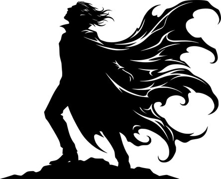 Dramatic black silhouette of a vampire figure looking upward with a dramatically flowing, wide cape, gothic horror vector art