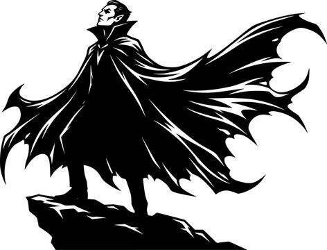Dramatic black silhouette of a vampire figure looking upward with a dramatically flowing, wide cape, gothic horror vector art