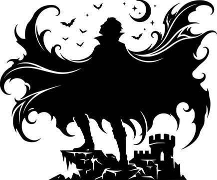 Dramatic black silhouette of a vampire figure looking upward with a dramatically flowing, wide cape, gothic horror vector art