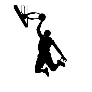Silhouette of a Basketball Player Dunking Toward a Hoop in Action.