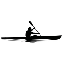Silhouette of a lone kayaker paddling across tranquil water.