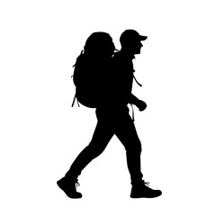 Two Hikers Walking Together Silhouette in Outdoor Trail Scene.