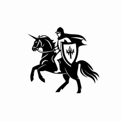 Knight riding unicorn heraldry silhouette design symbol illustration