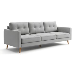 Fototapeta premium A gray couch with wooden legs and tufted cushions