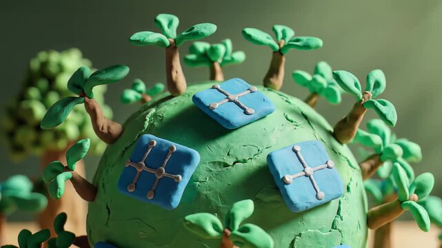 Stop motion animation of a vibrant green clay globe with growing miniature trees and blue solar panels, symbolizing sustainable energy