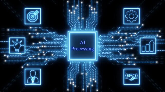 AI Processing concept with glowing circuit board and icons