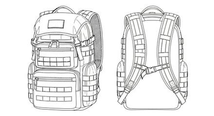 Techwear Apparel and Tactical Backpacks Technical Flat Sketch Vector Template Bundle © Achira Nimsara