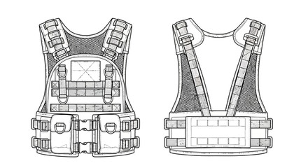 Techwear Apparel and Tactical Gear Technical Flat Sketch Vector Template Bundle © Achira Nimsara