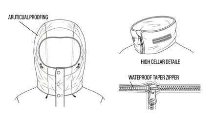Outerwear Hood and High Collar Weatherproof Zipper Technical Flat Sketch Vector Template © Achira Nimsara
