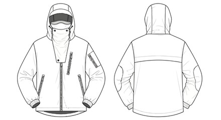 Hooded Techwear Jacket with Face Mask Technical Flat Sketch Vector Template © Achira Nimsara