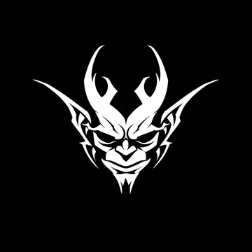 Stylized devil head illustration in white against a dark background
