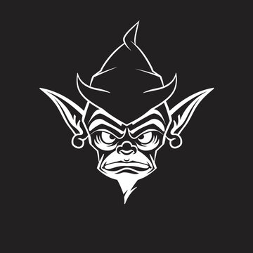 Stylized goblin head in white on black background vector illustration