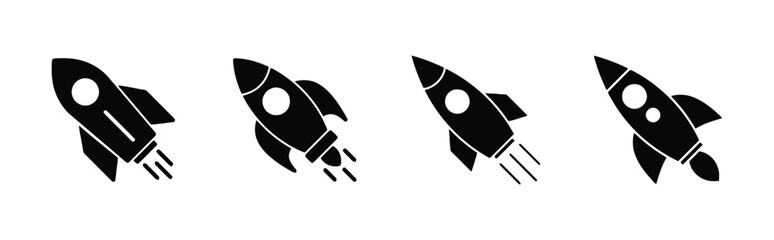 Four rocket ship icons in black, representing space travel and innovation on white background © MuslimaHijabimodes