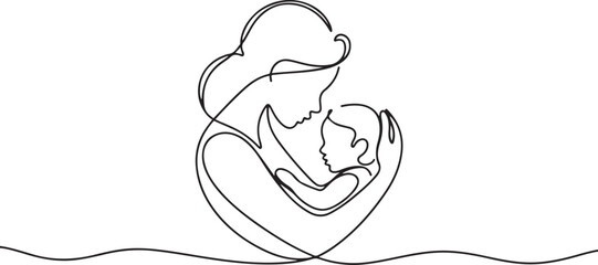 Logo with mother holding her baby with heart shape. Continuous line art vector illustration. Mothers day. one line Icon drawing