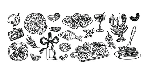 Hand drawn seafood and gourmet food icons with wine and pizza elements