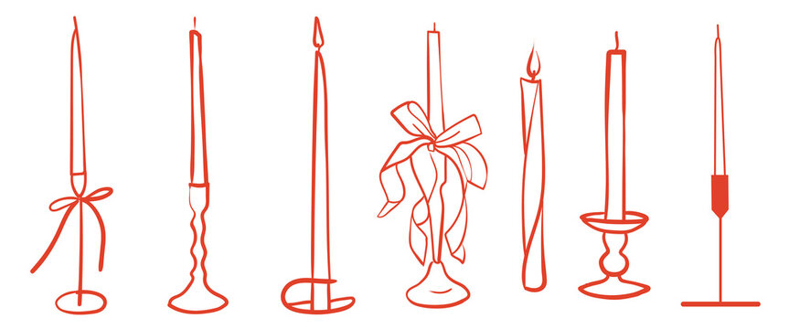 Hand-drawn festive candles collection for event, wedding or party decor, cafe menu or branding in line art style