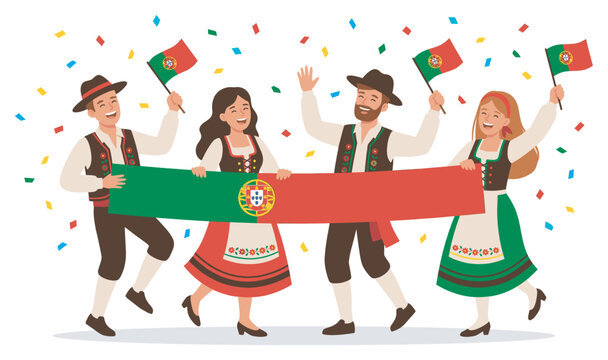 Portuguese people in traditional costumes joyfully celebrate with national flags and falling confetti during a cultural festival.