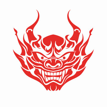 Stylized red demon head silhouette against white background graphic design