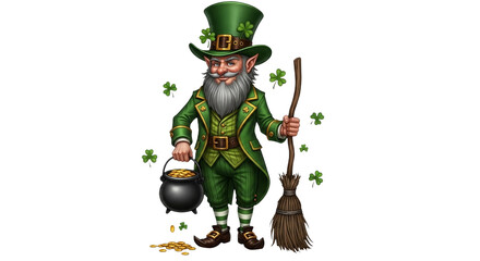 Happy St. Patrick's Day Leprechaun PNG Illustration Cartoon Elf Green Suit Hat Pot Broom Gold Coins Luck Symbol for Celebration and Graphic Design
