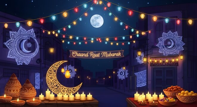 Festive Chaand Raat Mubarak Illustration with Glowing Crescent Moon, Colorful String Lights, Traditional Sweets, and Lit Candles in a Night Town Scene