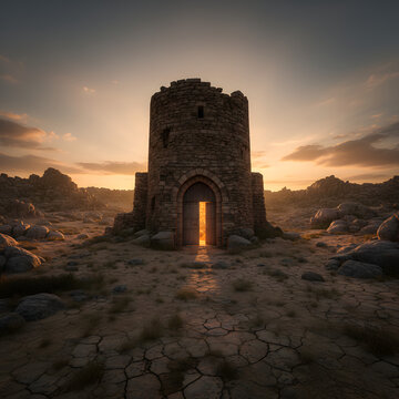 Ancient stone tower with open door in desert at sunset, mysterious landscape